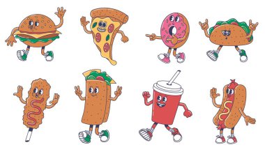 Çizgi film sokak yemek maskotları. Hamburgerci, bir dilim pizza, çörek ve taco. Sosisli sandviç, burrito, soda ve çizgi film karakteri burger seti.