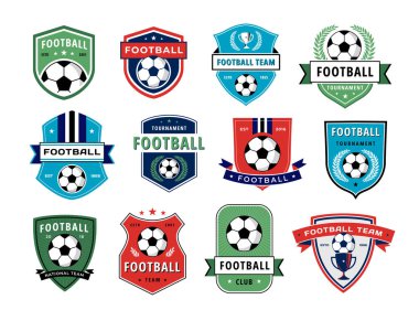 Futbol amblemi. Futbol takımı rozeti, futbol topu ikonu, spor kulübü etiketi futbol sembolü tasarım vektör seti, rozet çizimi.