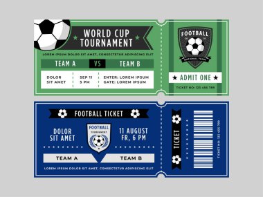 Soccer ticket. Football match entry pass with soccer ball emblem, sport event vector design template. Illustration of football pass entry, soccer ticket clipart