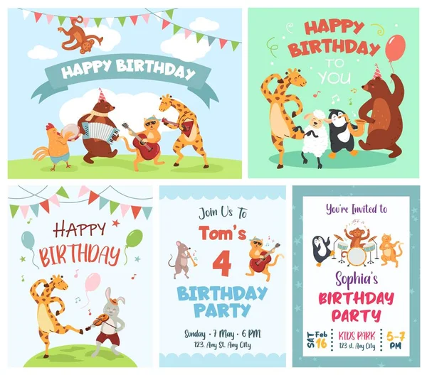Greeting card with cartoon animals. Cute animal musicians play happy birthday song, dancing party invitation poster and congratulation banner vector illustration set of funny animal character