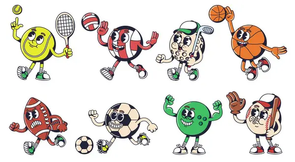 Cartoon sport ball mascot. Sports equipment character for tennis, basketball, golf, volleyball, bowling, football and soccer design vector set of sport game, football ball, golf and rugby illustration