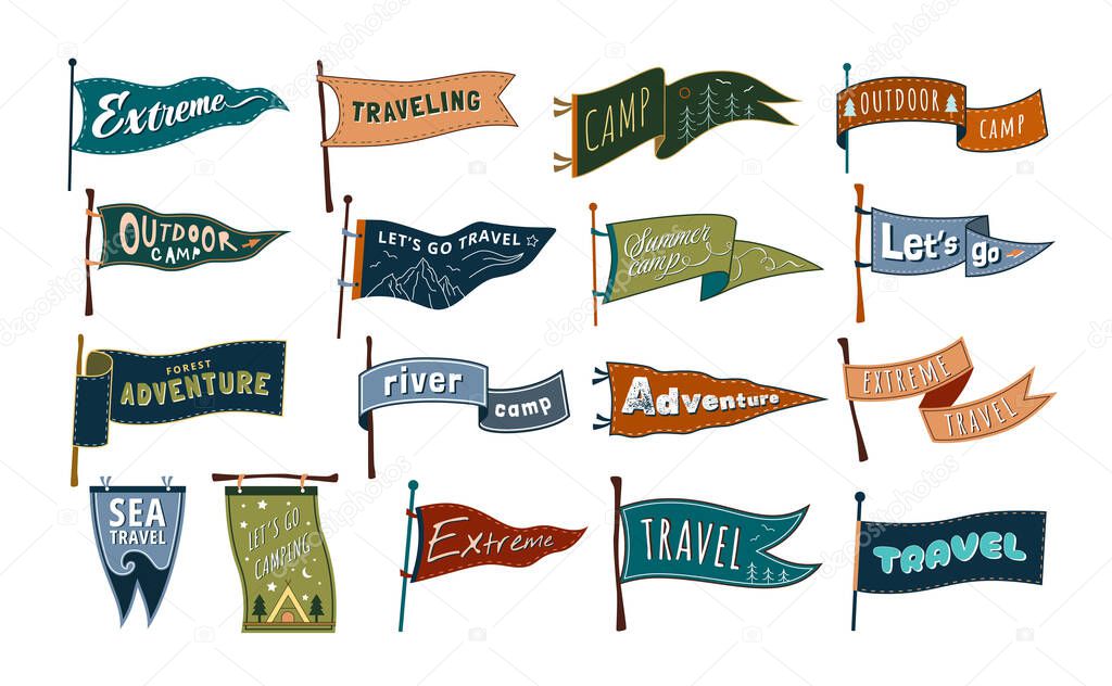 Travel pennants. Summer camp, let go travel and camping flags. Adventure and traveling banners vector set of summer scout expedition illustration