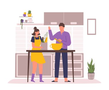 Aile yemekleri, mutfakta yemek pişirme, çocuk, ebeveynler tarafından akşam yemeği, vektör illüstrasyonu.