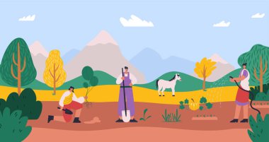 Çiftlik tarımındaki çiftçi karakterler. Çiftlik tarımının taşıyıcısı, çiftçi karakteri çizgi filmi, bahçıvan adam ve kadın çizimi