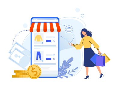 İnternetten ödeme. Çevrimiçi mağaza vektörü, mağaza, mobil satış, akıllı telefon arabası internet, tasarım web ticaret illüstrasyonu