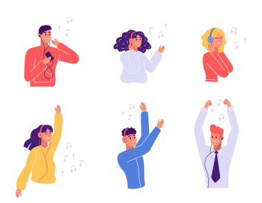 Kulaklık ve kulaklıkla müzik dinleyen insanlar. Bir kişi dinle ve mutlu, kadın ve erkek için ses, çizgi film insanları kulaklık illüstrasyon vektöründe ses duyuyorlar.