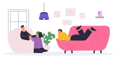 Psikoterapi bireysel ve terapi danışma oturumuna yardım eder. Psikoloji, hasta ve doktor sorunları, vektör illüstrasyonu