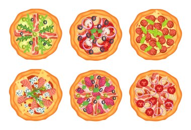 Restoranda menü için en iyi manzara pizza, yemek pepperonisi izole edilmiş yemek menüsü, pizzacı öğünleri öğle yemeği, tasarım İtalyan aşçı bluzu. Vektör illüstrasyonu