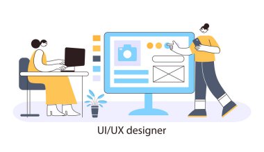 Ux tasarımcı konsepti, uygulama teknolojisi, iş için arayüz, geliştirme dijital, vektör illüstrasyonu