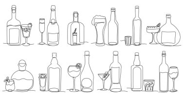 Sürekli bir sıra alkol içiyorlar. Minimalist alkol şişeleri ve bardaklar, bar içecekleri izole edilmiş vektör illüstrasyon seti.