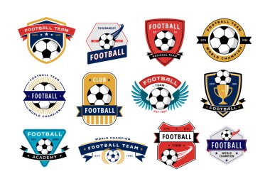 Futbol kulübü rozet koleksiyonu. Futbol takımı amblemleri, futbol topları, spor turnuvası etiketleri kulüp logosu vektör seti, kalkan takım çizimleri.
