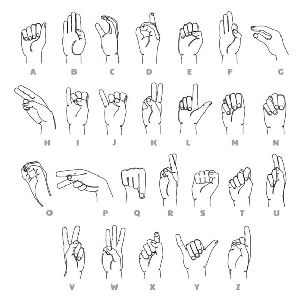 Deaf-mute language alphabet. Learning sign language hand gestures continuous one line educational vector illustration set of language alphabet communication