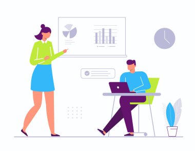 İş ortağı takım. Dizüstü bilgisayarda çalışan ve iş arkadaşıyla sohbet eden bir adam. Finansal rapor yazmak, şirket grafiklerini ve grafiklerini analiz etmek. İş yeri vektör illüstrasyonunda çizgi film çalışanları