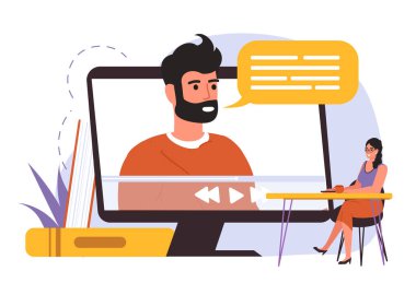 Online eğitim. Uzaktan eğitim için video dersi. Masada oturan ve internette öğretmenini dinleyen bir kadın. Uzak öğrenme üzerine çizgi film karakteri. Sanal sınıf vektör çizimi