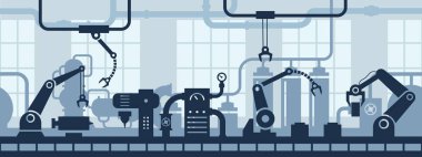 Endüstriyel fabrika içi. Endüstri 4.0 montaj hattı, robotik kollu taşıma bandı ve dikişsiz arkaplan illüstrasyonu. otomatikleştirilmiş üretim teknolojisi