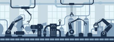 Industrial factory interior. Industry 4.0 assembly line, conveyor belt with robotic arms and machinery vector seamless background illustration. automated technology for manufacturing clipart