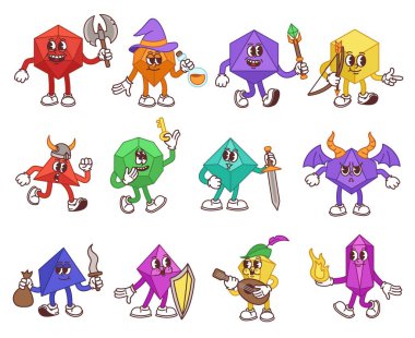 Maskot maskot karakterleri. Masa oyunları izole edilmiş vektör illüstrasyon seti için zar atan fantastik oyun temalı geometrik şekiller. Farklı renkte kristaller zehir, balta, kılıç ve alevlerle