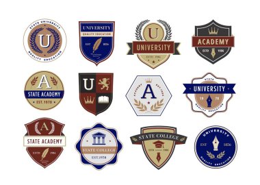 Eğitim amblemi. Üniversite, akademi ve üniversite armaları için klasik tasarım vektörü seti olan akademik kurum rozetleri. Okulda okumak, öğrenmek ya da logo hakkında bilgi almak.