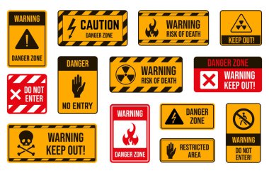 Tehlike bölgesi uyarısı. Dikkat, sembolü, elektriksel tehlikeyi, yangın riskini ve toksik maddeyi dışarıda tutun. Tehlike tehlikesi olan güvenlik illüstrasyonunun vektör kümesini uyarır.