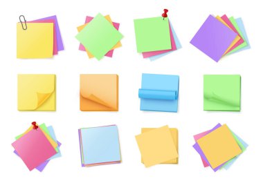 Renkli yapışkan not yığını. Boş yapıştırıcı not defterleri, raptiye ya da ataçlarla tutturulmuş çok renkli not defterleri. Ofis iletileri boş yapışkan kağıt çizim vektör seti
