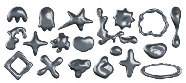 Soyut sıvı metal şekilleri. Metalik şekiller ve krom damlalar, parlak ve Y2K kalp, erimiş gümüş çerçeve ve erimiş cıva köşeli üç boyutlu şekil, metalik, krom fütüristik çizim.