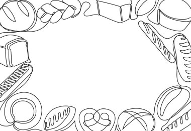 Bir sıra fırın ürünleri çerçevesi. Taze ekmek, fırın menüsü tasarımı için fırın sürekli tasarım hattının vektör çizimi için fırın ürünleri sınırı