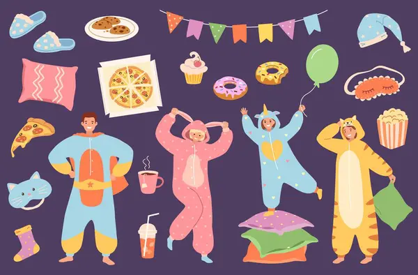 Пижамная Вечеринка Улыбающиеся Люди Пижамах Кигуруми Праздничная Ночь Подушках Иллюстрирующий — стоковый вектор