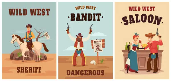 Плакаты Дикого Запада Приключения Шерифа Опасные Разыскиваемые Бандиты Салун Сцены — стоковый вектор