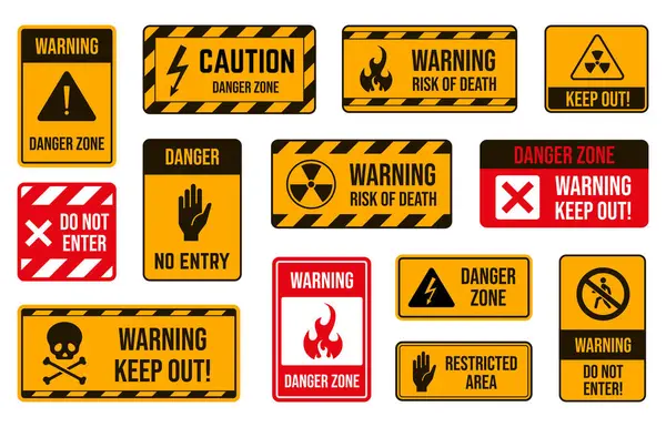 危険エリアの警告サイン シンボル 電気危険 火災リスク 有毒物質アラート 危険性の安全イラストのベクトルセット ストックイラスト
