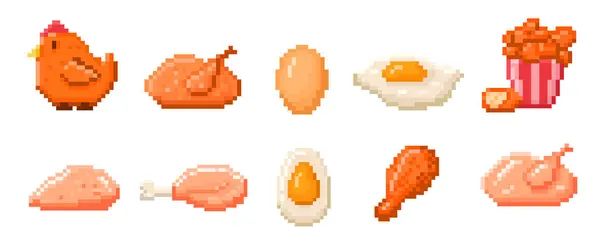 鸡肉食品像素艺术 象形翅膀 烤整只鸡和烤鸡8位向量图 鸡蛋食品 就餐艺术 矢量图形