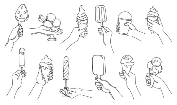 手与冰淇淋 连续的单线手握圆锥 冰棒和圣代冰淇淋矢量插图集与可编辑的中风路径 甜点甜图画 奶油连续轮廓 免版税图库插图