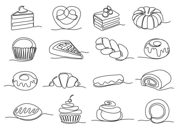 连续的一条线甜面包店 糕点和甜点图标矢量插图设置与可编辑的笔划路径 烘焙甜点 食物甜糕点 免版税图库矢量图片
