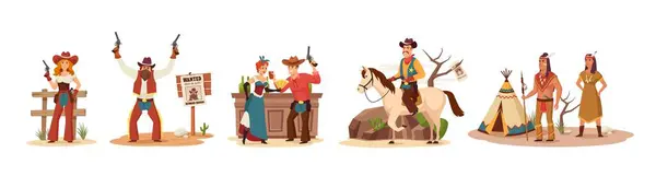 卡通狂野的西部 警长和牛仔女孩的角色 想要的逃犯 沙龙场景和美洲原住民的病媒画集 牛仔和牛仔 图库插图