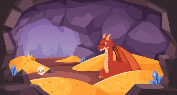 龙洞神奇的红龙守卫闪烁着金币堆在神秘的宝库中 龙奇幻魔法的幻想矢量图解 图库插图