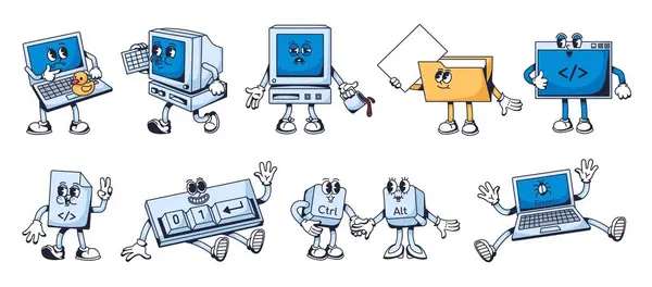 计算机代码吉祥物 吉祥物计算机卡通人物设计的编程字符 代码文件和终端 二进制键盘 笔记本电脑和Pc向量图集 图库矢量图片