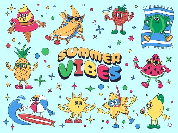 Vibraciones Verano Dibujos Animados Mascota Helado Personajes Frutas Vacaciones Fiesta Ilustraciones de stock libres de derechos