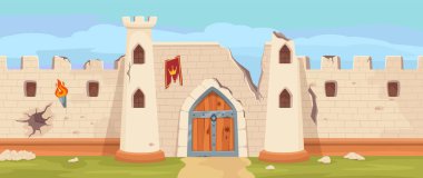 Ortaçağ 'dan kalma taş kale duvarları. Hasarlı kale kapısı, kraliyet kalesi savunma karikatürü vektör arkaplan çizimi kırık ortaçağ kalesi, taş duvar
