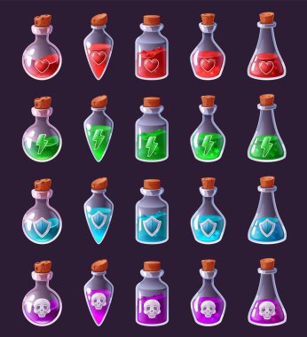 Çizgi film iksir şişeleri. Yaşam dolu sihirli iksir şişeleri, yıldırımlar, savunma kalkanları ve kafatası ikonları iksir sihirli simya iksir seti izole vektör ikonu