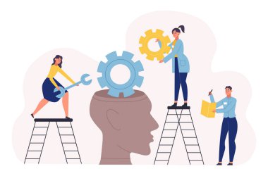 Duygusal, akıl sağlığı, beyin sağlığı, bilişsel sorun. Kadın ve erkek karakterler dişlileri kafalarında tamir ediyorlar. Psikolojik terapi, karikatür insan beyin mekanizması çizimi.