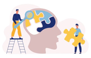 Duygusal, akıl sağlığı, beyin sağlığı, bilişsel sorun kavramı. Kafasında bulmaca düzenleyen erkek karakterler. Büyüteç insan zihnini inceliyor. Bağlı yapboz parçaları vektörü