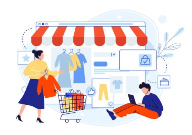 Mobil online alışveriş. İnternetten kıyafet satıyor. Adam internette dizüstü bilgisayar kullanarak ürün arıyor. Giysileri ve pantolonları ekranda, tramvayı olan kadın bluz vektörü alıyor.
