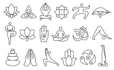 Çizgi yoga ikonları. Meditasyon çizgi sanatı, zen taşları, nilüfer çiçeği ve enerji çakrası ruhani semboller vektör illüstrasyon seti meditasyon poz yoga