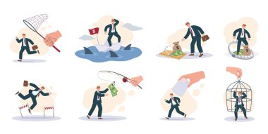 İş adamı yakala. Ticari zorluklar ve mali takip, para tuzağı ve ekonomik zorluklar izole edilmiş karikatür vektör illüstrasyon seti finansal fırsatlar