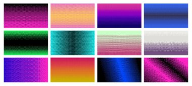 Dithering pixel art pattern backgrounds. Retro bitmap gradients, pixelated color transitions and digital backdrops vector set of pattern pixel dither, texture abstract illustration clipart