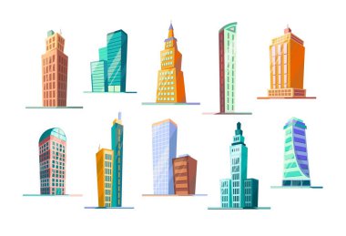 Çizgi film gökdeleni. Şehir binaları, yüksek mimari ve kentsel gayrimenkul şehir mimarisinin izole edilmiş vektör çizimi