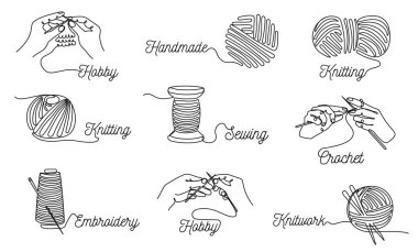 Bir sıra dikiş ve iplik. Örgü harfleri, el işi işleme hobisi ve el yapımı örgü işleme iplik çizimi vektör dizaynı çizimleri