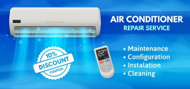 Klima servisi. İndirim kuponlu HVAC onarım ve bakım servisi ilanı ve soğuk hava vektörü resimli gerçekçi klima.