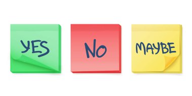 Yes, No and Maybe stickers. Sticky notes with agreement, denial and uncertainty handwriting text. Isolated vector set. clipart