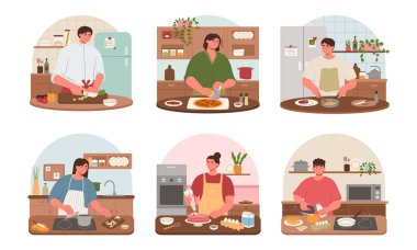 İnsanlar mutfakta yemek pişirir. Yemek pişirme ve pişirme, erkek ve kadın karakterler yemek resimleme seti hazırlama