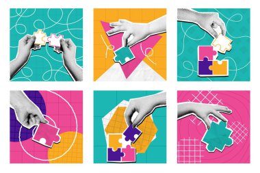 Yarım ton yapboz kolajı. Karışık ortam elleri bulmaca parçaları, problem çözme çözümü ve takım çalışması konsepti vektör çizimi setini tutuyor